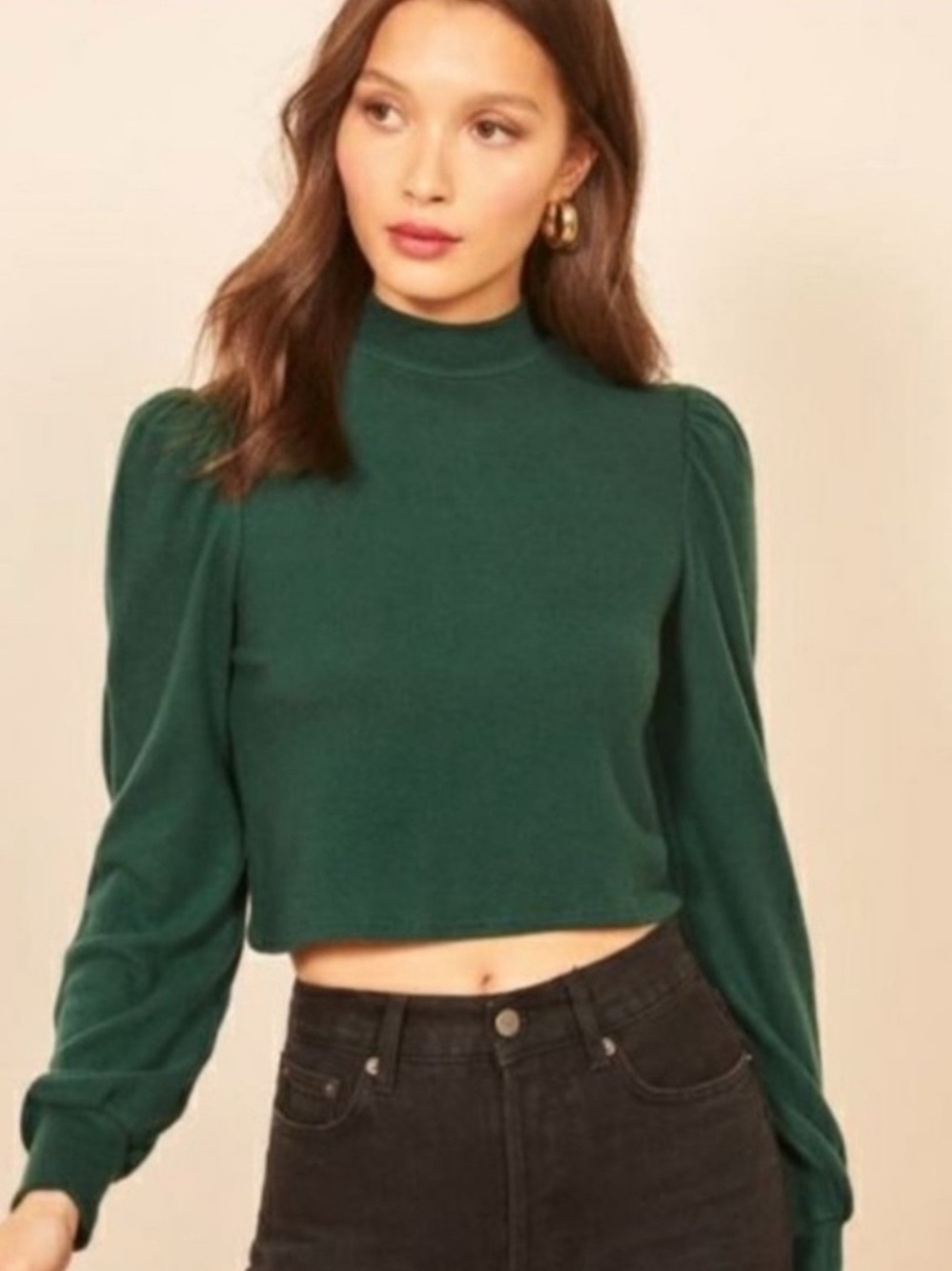 Reformation Long Puff Sleeve Turtleneck Kelly Top in Emerald Green